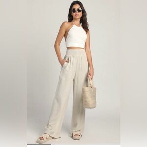 Lulu’s hit the breeze beige smocked wide legged pants